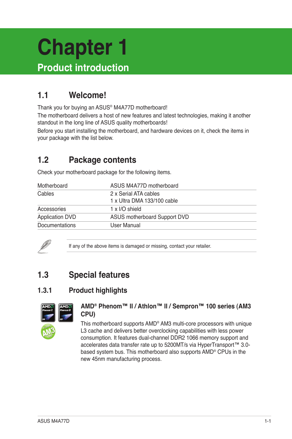 Product introduction, 1 welcome, 2 package contents | 3 special features, 1 product highlights, Welcome! -1, Package contents -1, Special features -1 1.3.1, Product highlights -1, Chapter 1 | Asus M4A77D User Manual | Page 11 / 62