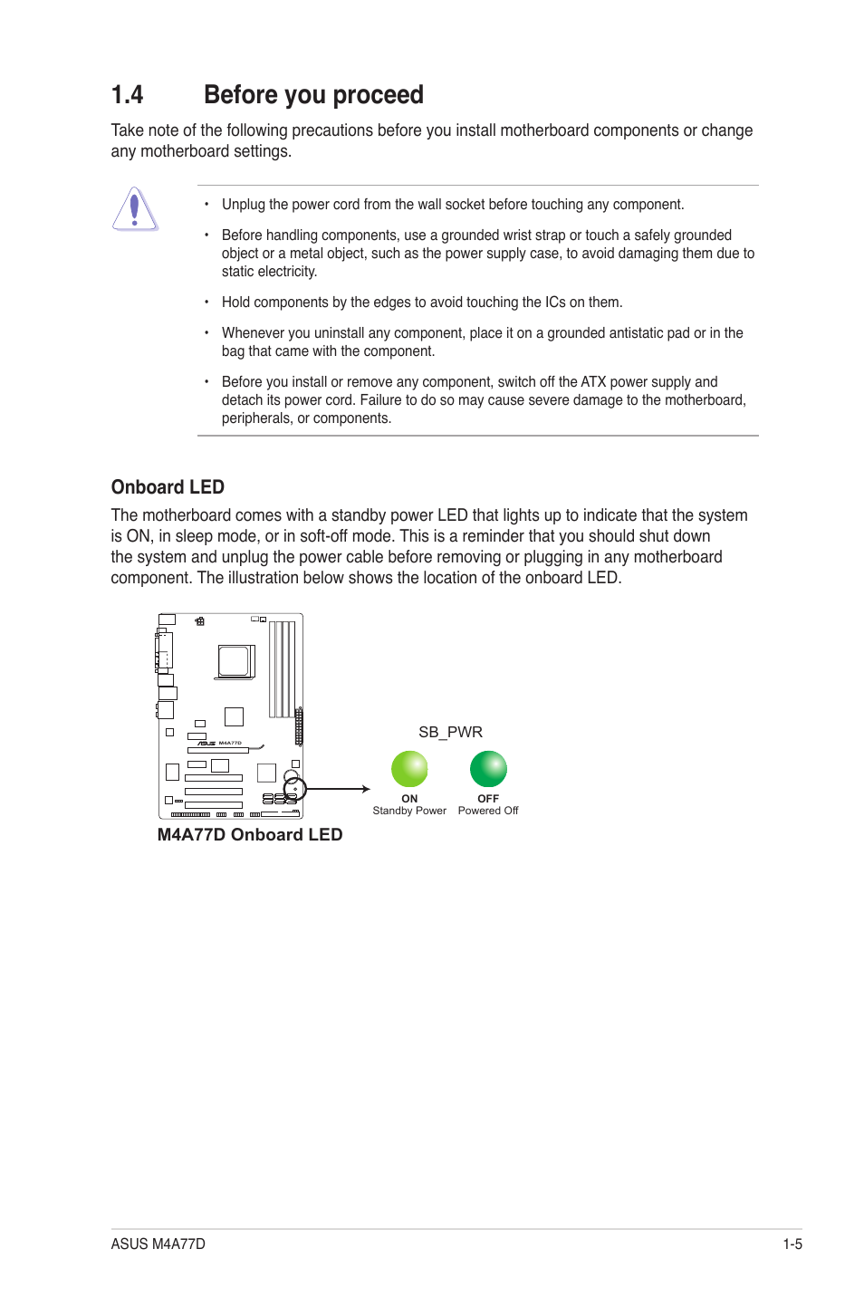 4 before you proceed, Before you proceed -5, Onboard led | Asus M4A77D User Manual | Page 15 / 62