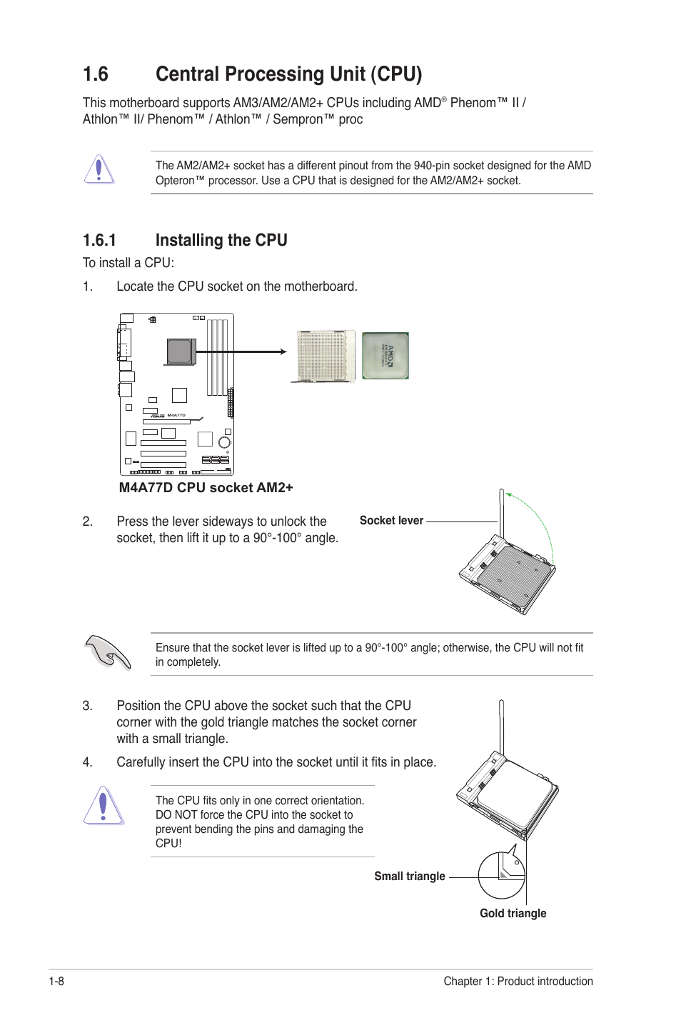 6 central processing unit (cpu), 1 installing the cpu, Central processing unit (cpu) -8 1.6.1 | Installing the cpu -8 | Asus M4A77D User Manual | Page 18 / 62