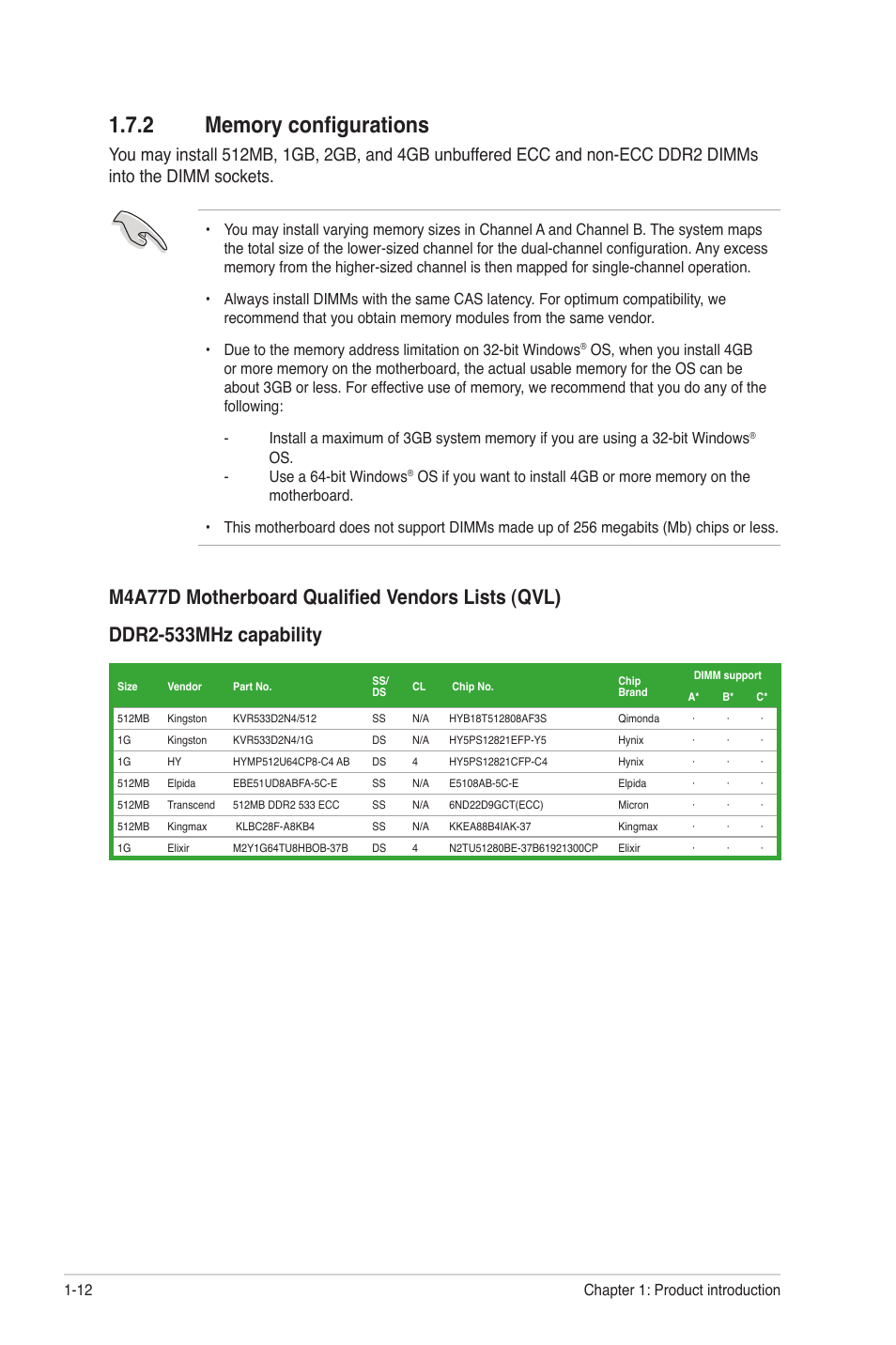 2 memory configurations, Memory configurations -12 | Asus M4A77D User Manual | Page 22 / 62