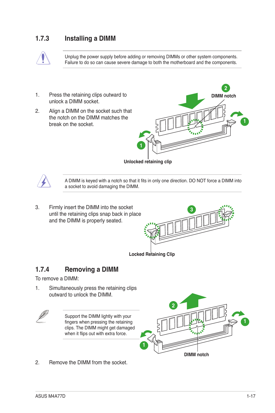 3 installing a dimm, 4 removing a dimm, Installing a dimm -17 | Removing a dimm -17 | Asus M4A77D User Manual | Page 27 / 62