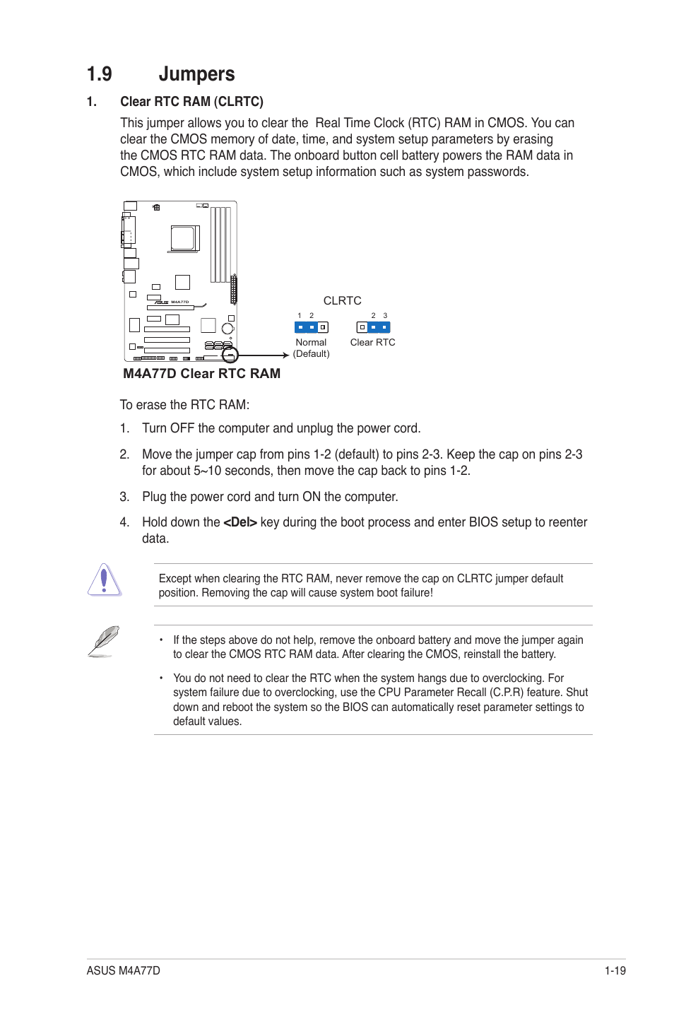 9 jumpers, Jumpers -19 | Asus M4A77D User Manual | Page 29 / 62