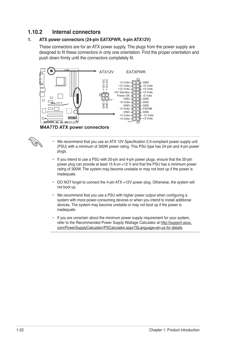2 internal connectors, 2 internal connectors -22, M4a77d atx power connectors | Asus M4A77D User Manual | Page 32 / 62