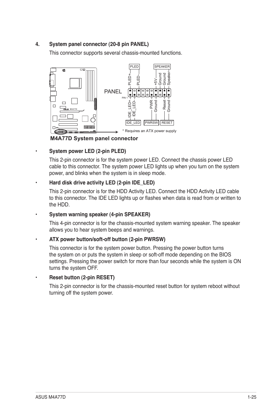 M4a77d system panel connector, Panel | Asus M4A77D User Manual | Page 35 / 62