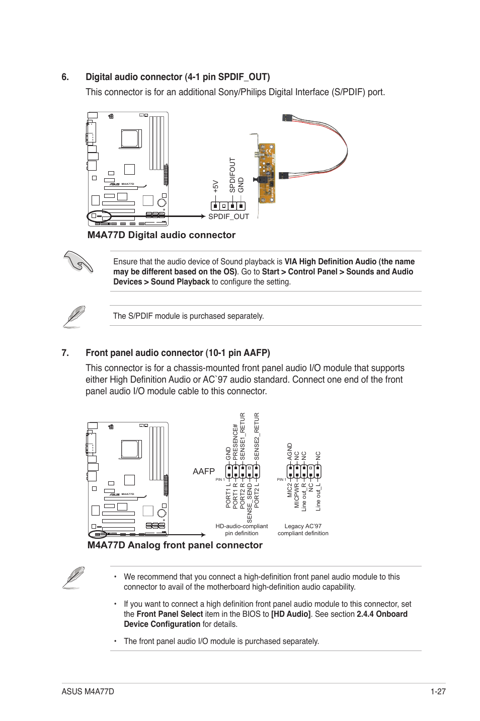 M4a77d digital audio connector, M4a77d analog front panel connector | Asus M4A77D User Manual | Page 37 / 62