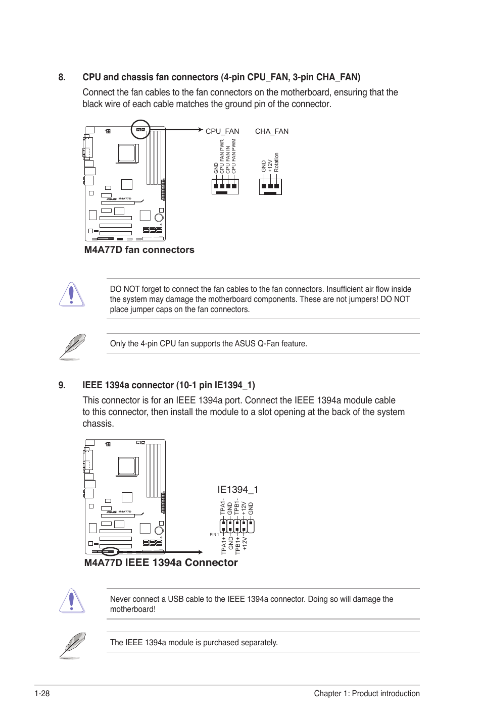 Ieee 1394a connector, M4a77d fan connectors, M4a77d | Asus M4A77D User Manual | Page 38 / 62