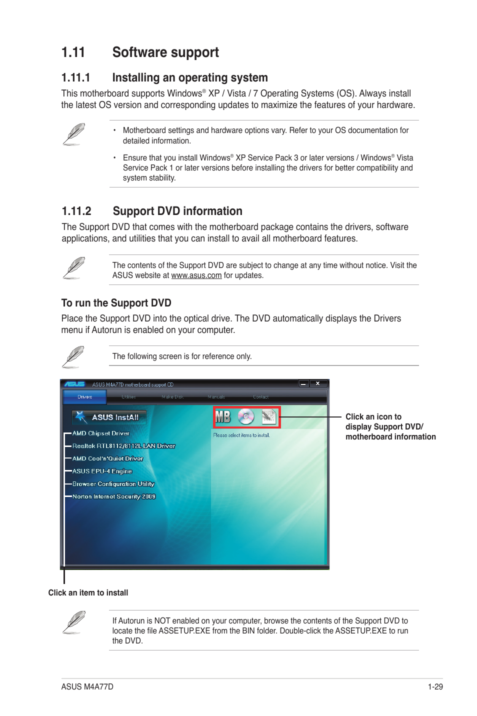 11 software support, 1 installing an operating system, 2 support dvd information | 11 software support -29 | Asus M4A77D User Manual | Page 39 / 62