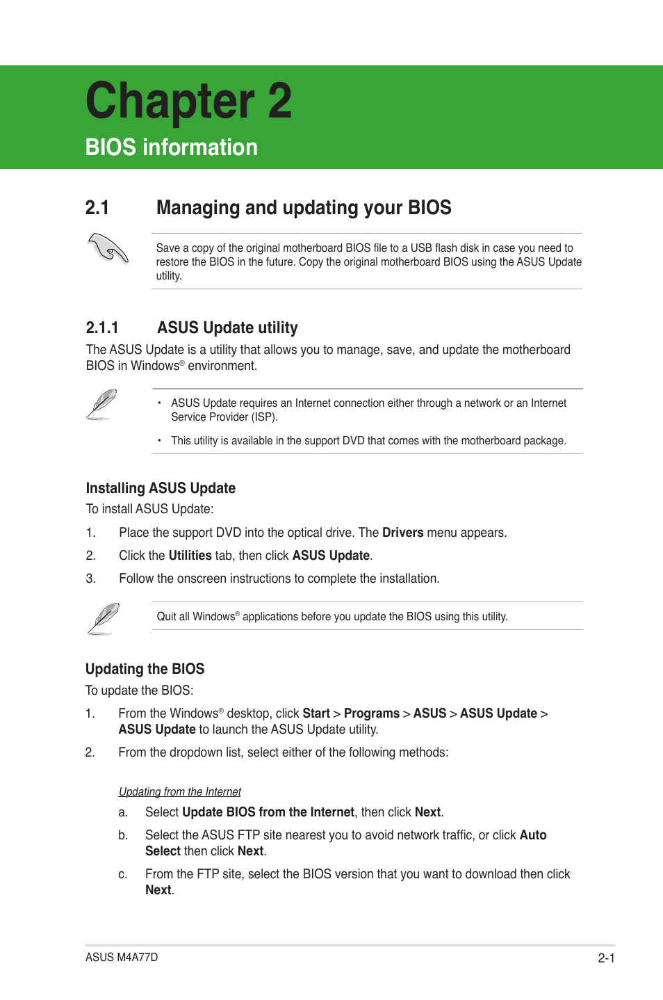 Bios information, 1 managing and updating your bios, 1 asus update utility | Managing and updating your bios -1 2.1.1, Asus update utility -1, Chapter 2 | Asus M4A77D User Manual | Page 41 / 62