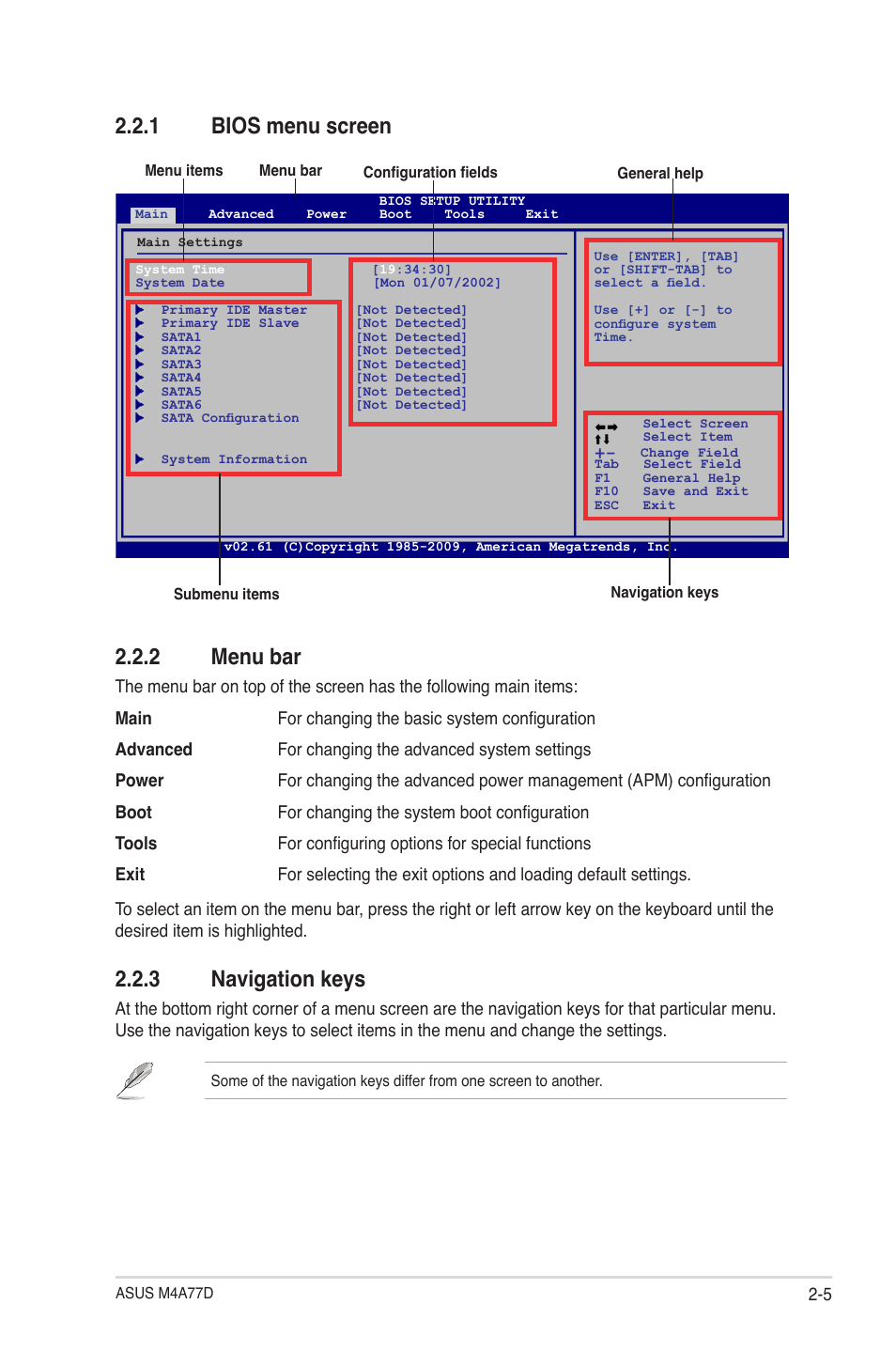 1 bios menu screen, 2 menu bar, 3 navigation keys | Bios menu screen -5, Menu bar -5, Navigation keys -5, 1 bios menu screen 2.2.2 menu bar | Asus M4A77D User Manual | Page 45 / 62