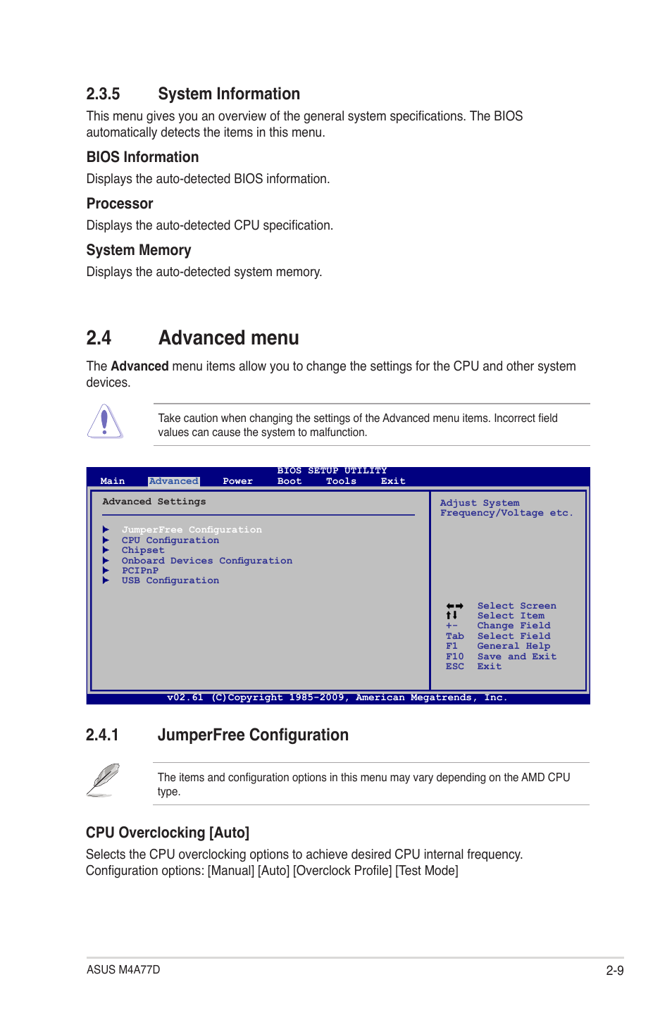 5 system information, 4 advanced menu, 1 jumperfree configuration | System information -9, Advanced menu -9 2.4.1, Jumperfree configuration -9, Cpu overclocking [auto, Bios information, Processor | Asus M4A77D User Manual | Page 49 / 62