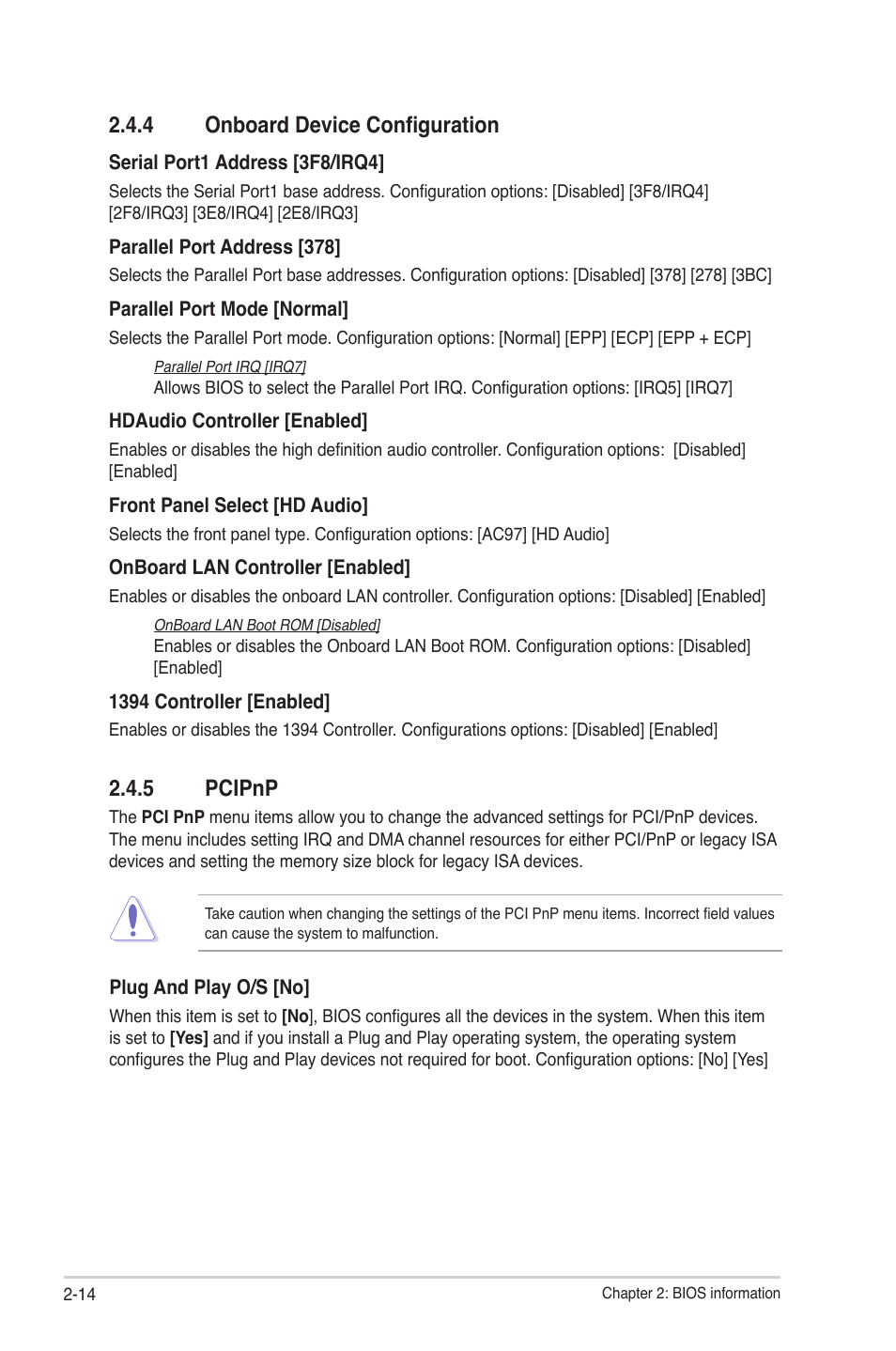 4 onboard device configuration, 5 pcipnp, 4 onboard device configuration -14 2.4.5 | Pcipnp -14 | Asus M4A77D User Manual | Page 54 / 62