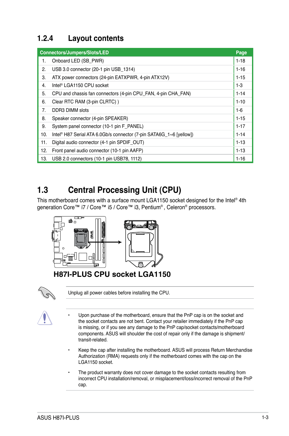 3 central processing unit (cpu), Central processing unit (cpu) -3, 4 layout contents | Asus H87I-PLUS User Manual | Page 11 / 74
