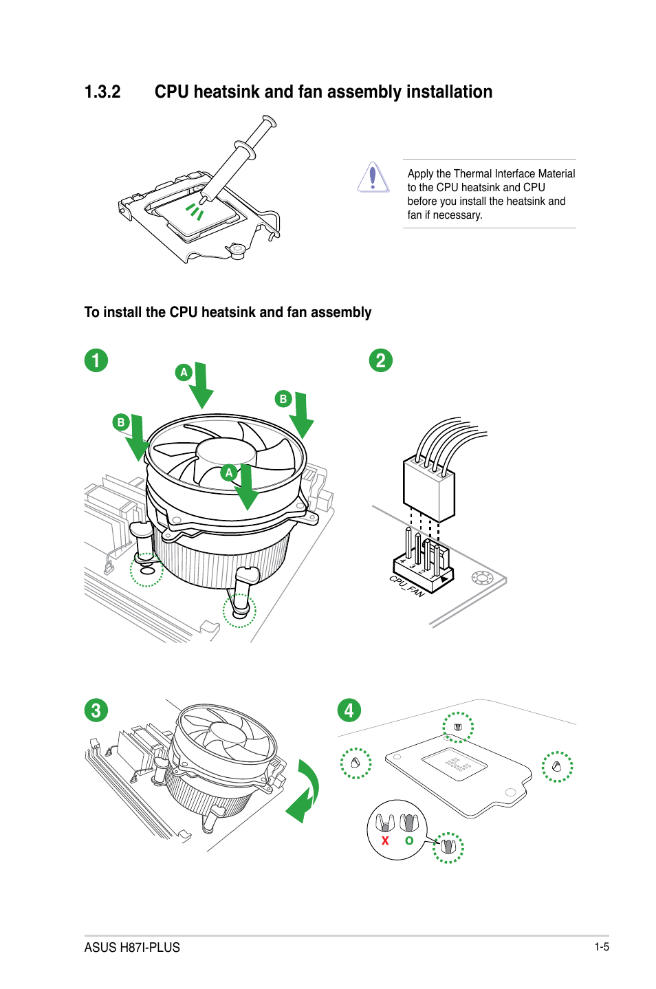 2 cpu heatsink and fan assembly installation | Asus H87I-PLUS User Manual | Page 13 / 74