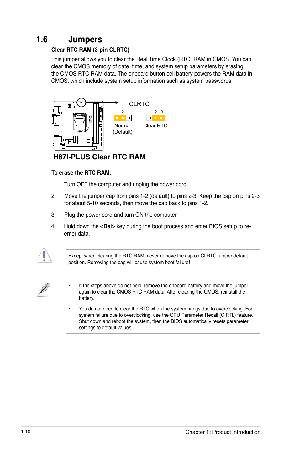 6 jumpers, Jumpers -10, H87i-plus clear rtc ram | Asus H87I-PLUS User Manual | Page 18 / 74
