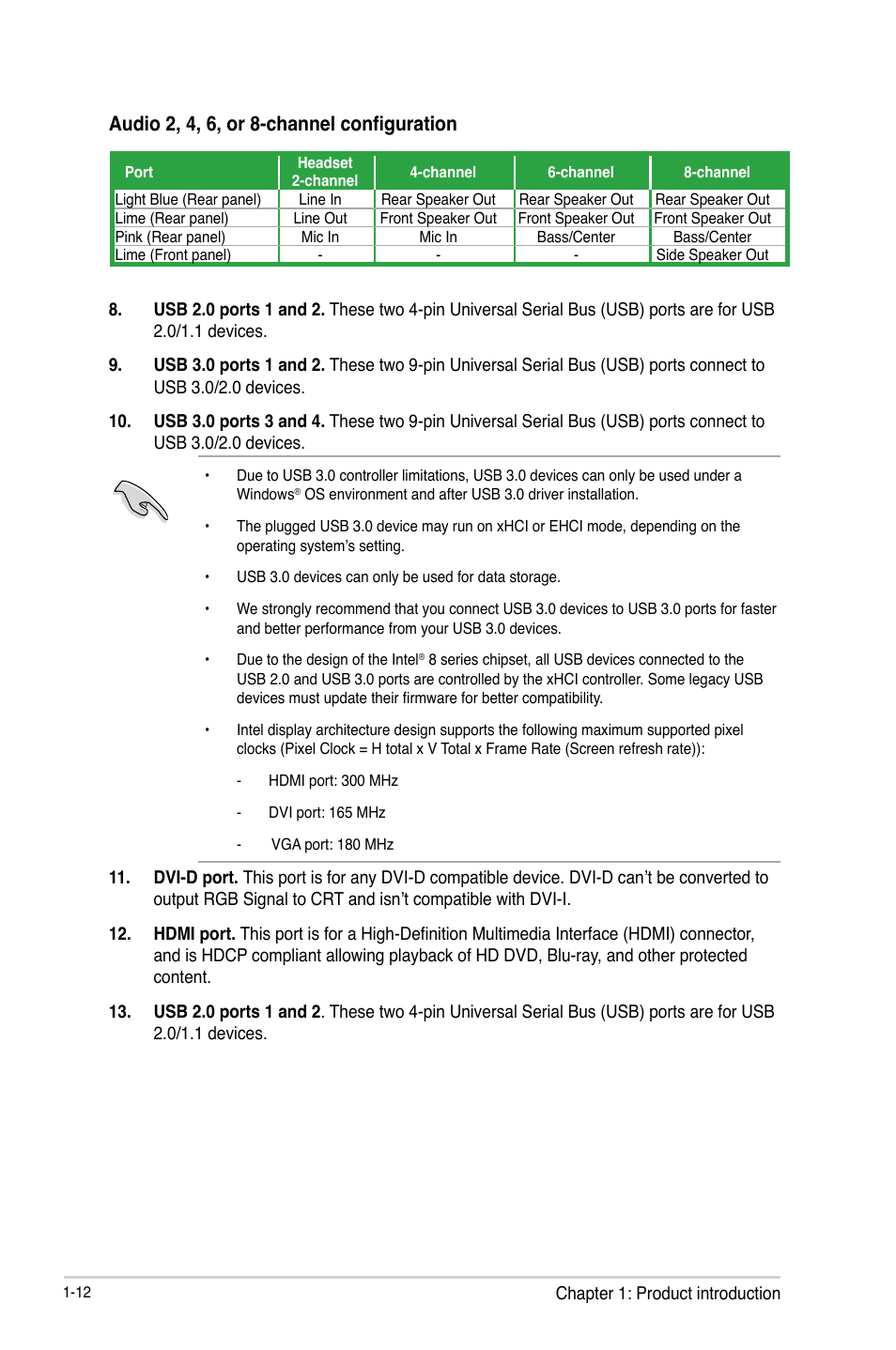 Audio 2, 4, 6, or 8-channel configuration | Asus H87I-PLUS User Manual | Page 20 / 74