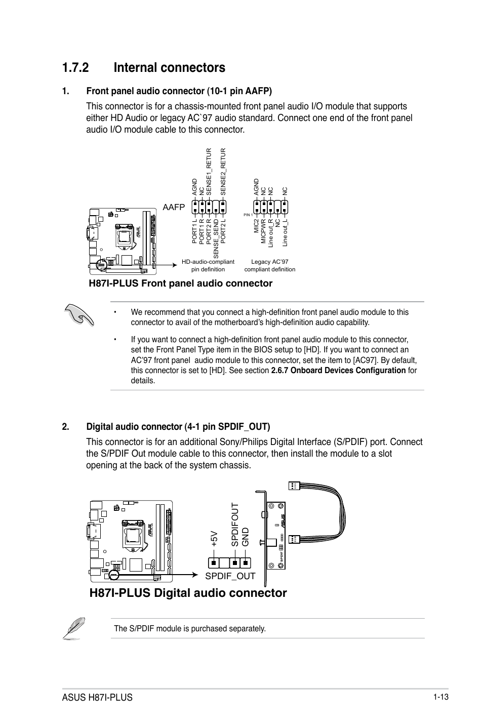 2 internal connectors, H87i-plus digital audio connector, Asus h87i-plus | H87i-plus front panel audio connector | Asus H87I-PLUS User Manual | Page 21 / 74