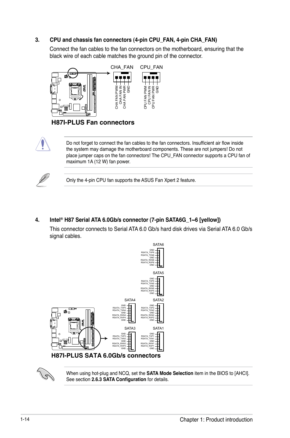 H87i-plus fan connectors, H87i-plus sata 6.0gb/s connectors, Intel | Cpu_fan, Cha_fan | Asus H87I-PLUS User Manual | Page 22 / 74