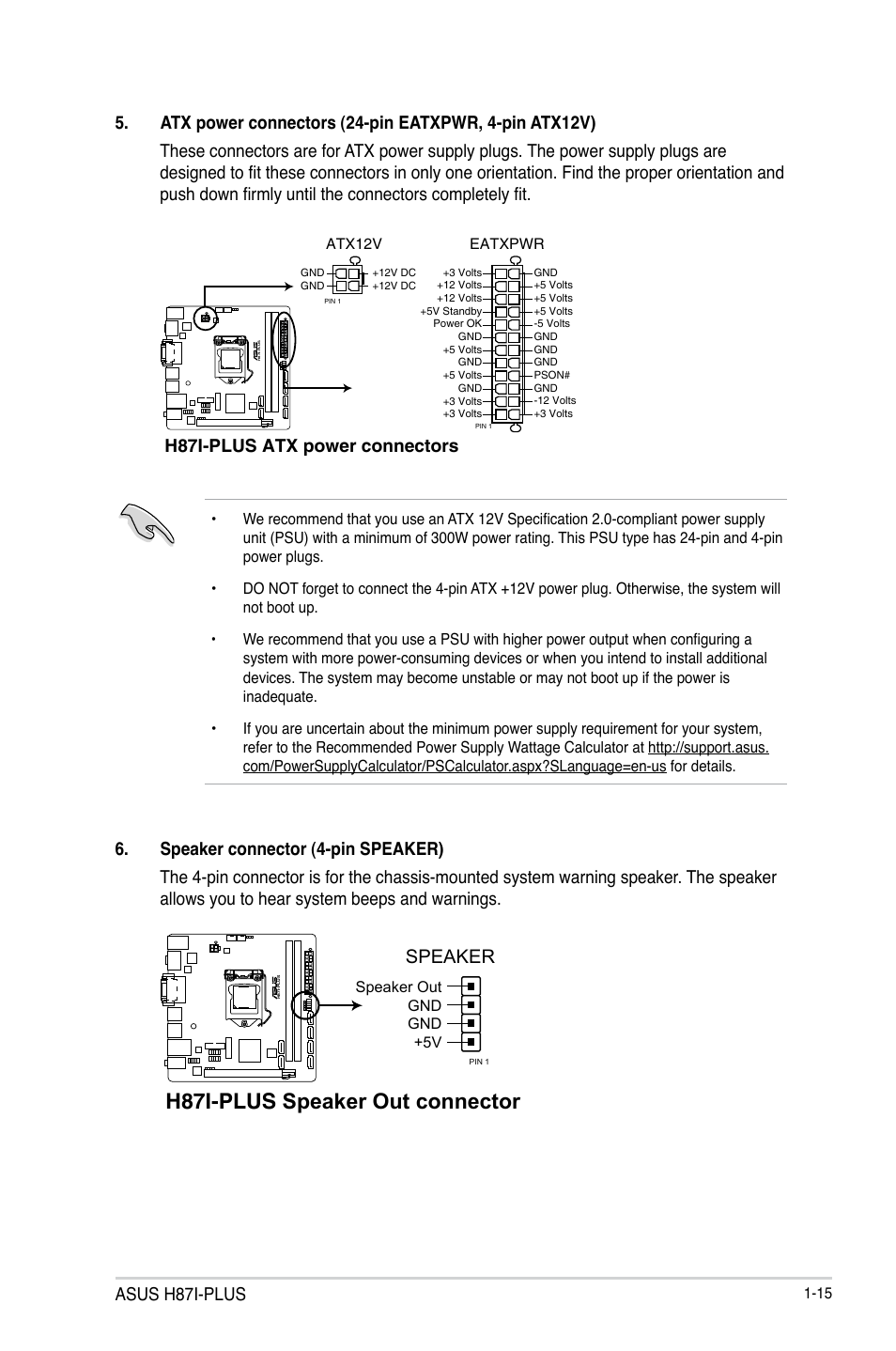 H87i-plus speaker out connector, Speaker, Asus h87i-plus | H87i-plus atx power connectors | Asus H87I-PLUS User Manual | Page 23 / 74