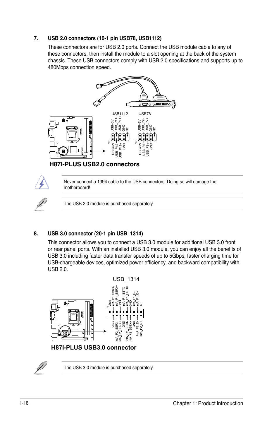 H87i-plus usb2.0 connectors, H87i-plus usb3.0 connector, Usb_1314 | The usb 3.0 module is purchased separately | Asus H87I-PLUS User Manual | Page 24 / 74