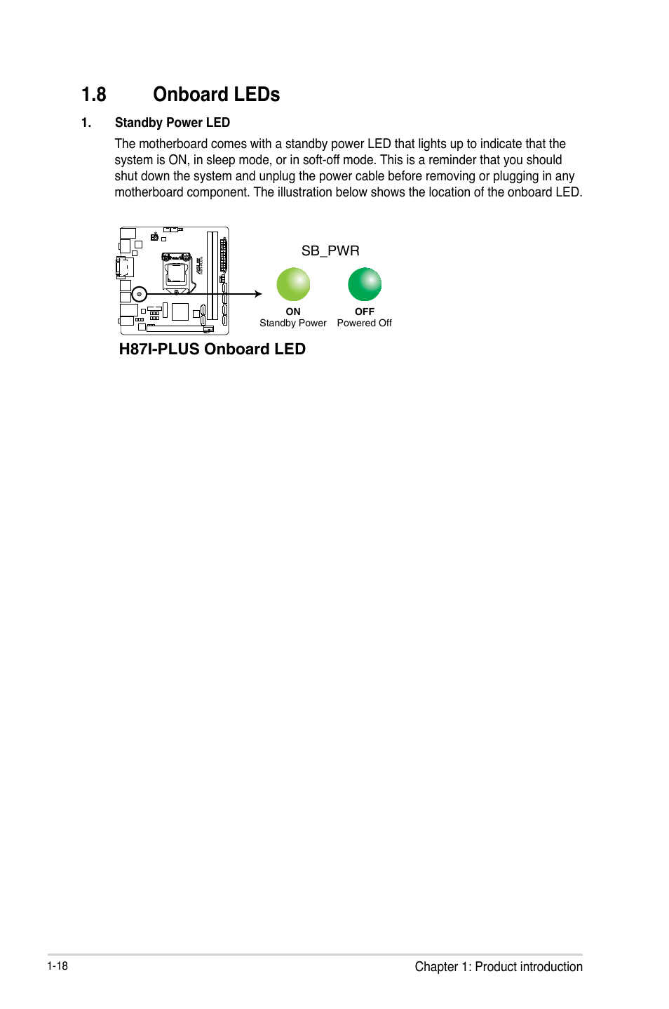 8 onboard leds, Onboard leds -18, H87i-plus onboard led | Asus H87I-PLUS User Manual | Page 26 / 74