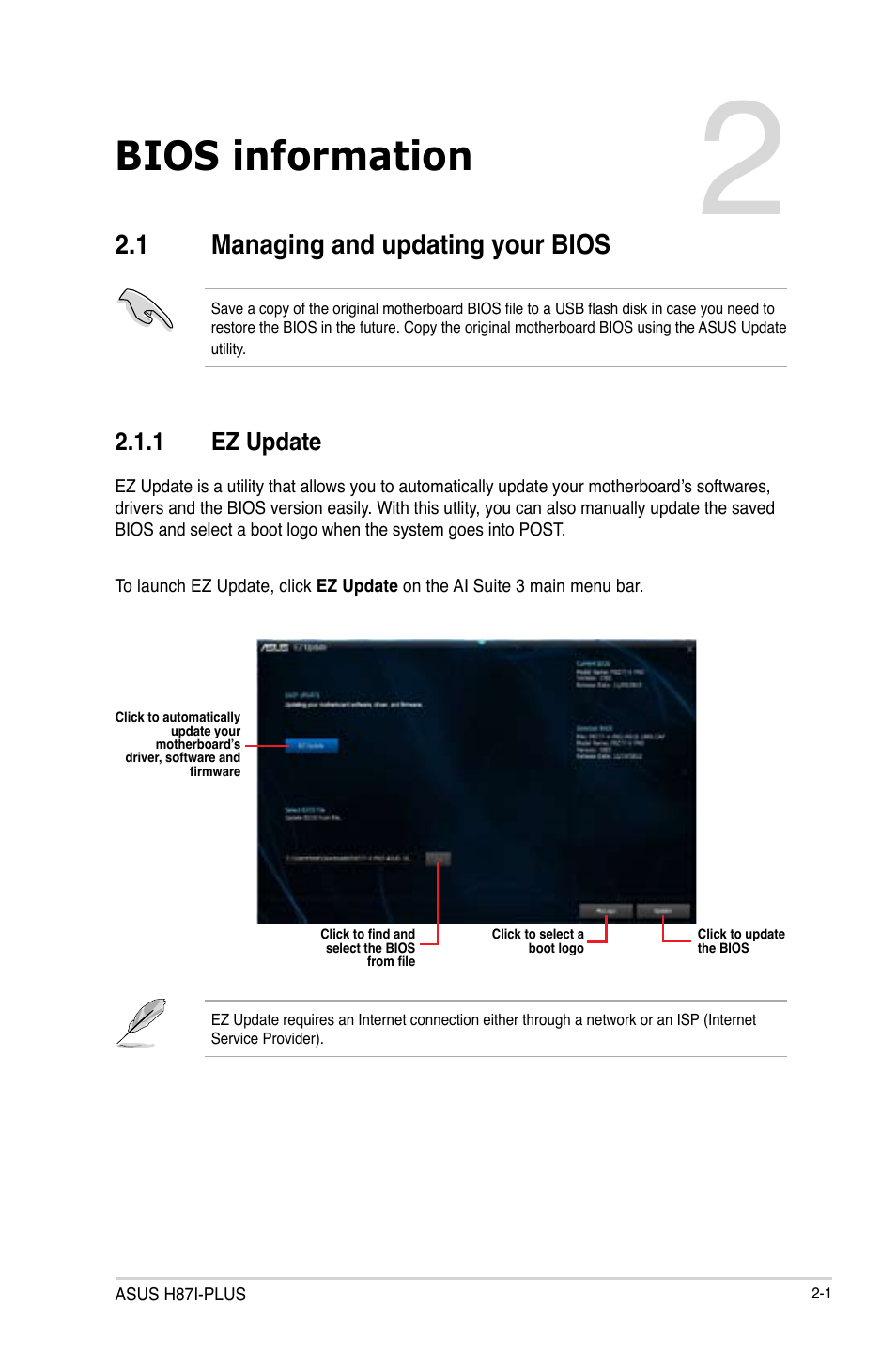 Bios information, 1 managing and updating your bios, Managing and updating your bios -1 | Asus H87I-PLUS User Manual | Page 28 / 74