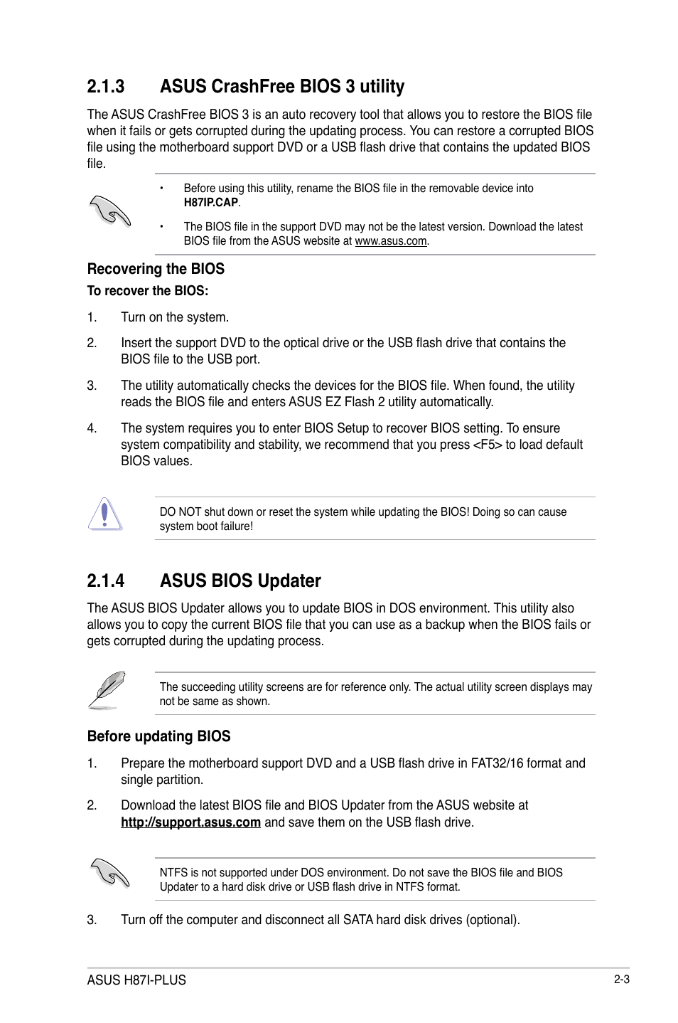 3 asus crashfree bios 3 utility, 4 asus bios updater | Asus H87I-PLUS User Manual | Page 30 / 74
