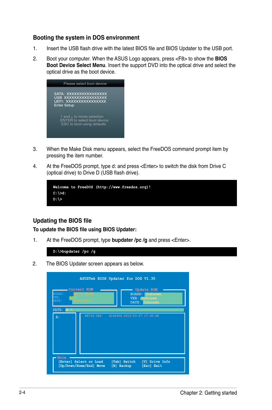 Booting the system in dos environment, Updating the bios file | Asus H87I-PLUS User Manual | Page 31 / 74