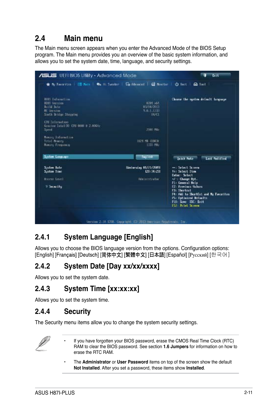 4 main menu, Main menu -11, 1 system language [english | 3 system time [xx:xx:xx, 4 security | Asus H87I-PLUS User Manual | Page 38 / 74