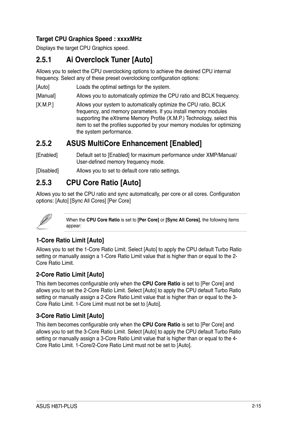 1 ai overclock tuner [auto, 2 asus multicore enhancement [enabled, 3 cpu core ratio [auto | Asus H87I-PLUS User Manual | Page 42 / 74