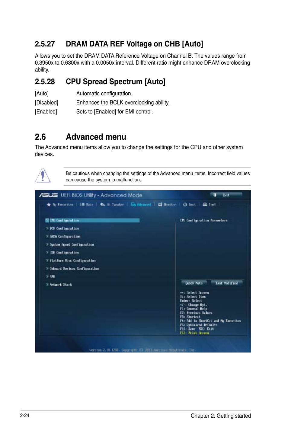 6 advanced menu, Advanced menu -24, 27 dram data ref voltage on chb [auto | 28 cpu spread spectrum [auto | Asus H87I-PLUS User Manual | Page 51 / 74