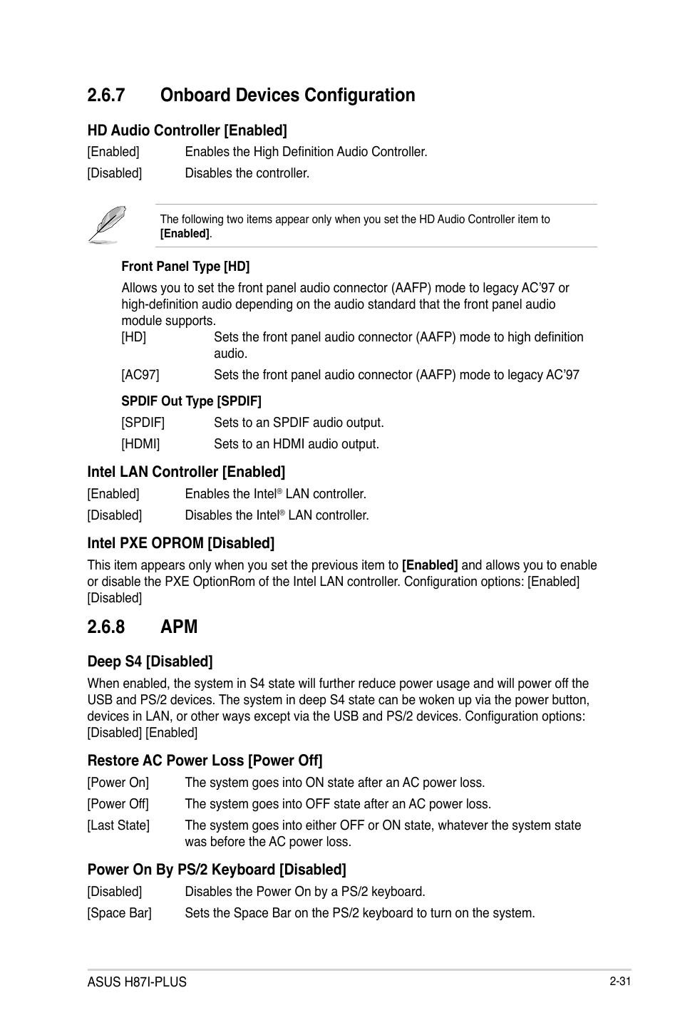 7 onboard devices configuration, 8 apm | Asus H87I-PLUS User Manual | Page 58 / 74