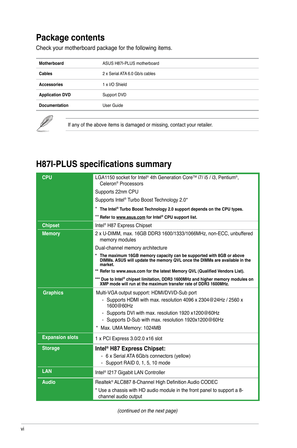 Package contents, H87i-plus specifications summary, Intel | H87 express chipset | Asus H87I-PLUS User Manual | Page 6 / 74