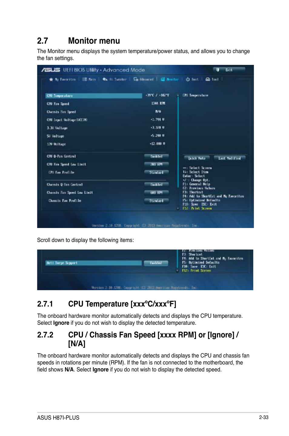 7 monitor menu, Monitor menu -33, 1 cpu temperature [xxxºc/xxxºf | Asus H87I-PLUS User Manual | Page 60 / 74