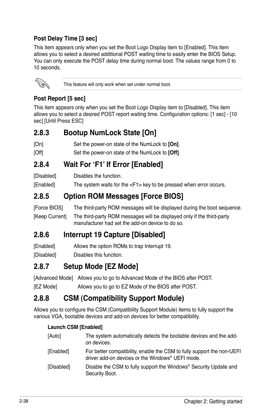 3 bootup numlock state [on, 4 wait for ‘f1’ if error [enabled, 5 option rom messages [force bios | 6 interrupt 19 capture [disabled, 7 setup mode [ez mode, 8 csm (compatibility support module) | Asus H87I-PLUS User Manual | Page 65 / 74