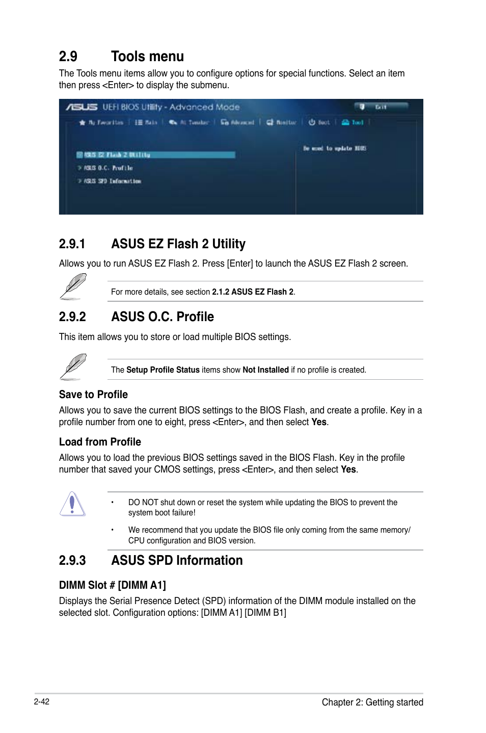 9 tools menu, Tools menu -42, 1 asus ez flash 2 utility | 2 asus o.c. profile, 3 asus spd information | Asus H87I-PLUS User Manual | Page 69 / 74
