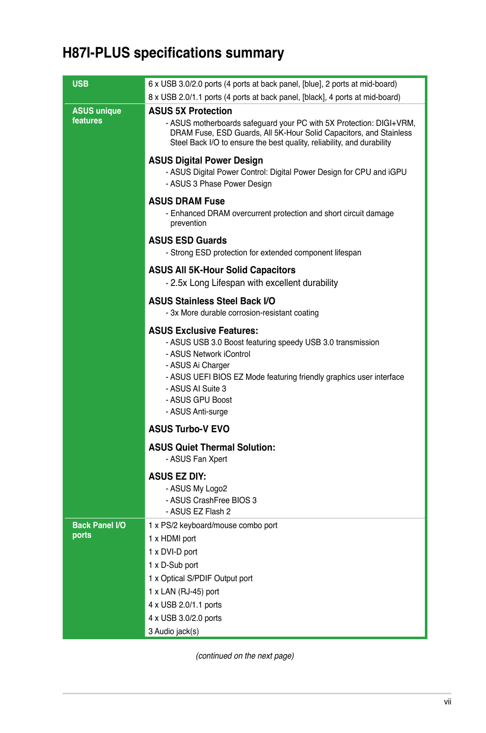 H87i-plus specifications summary | Asus H87I-PLUS User Manual | Page 7 / 74