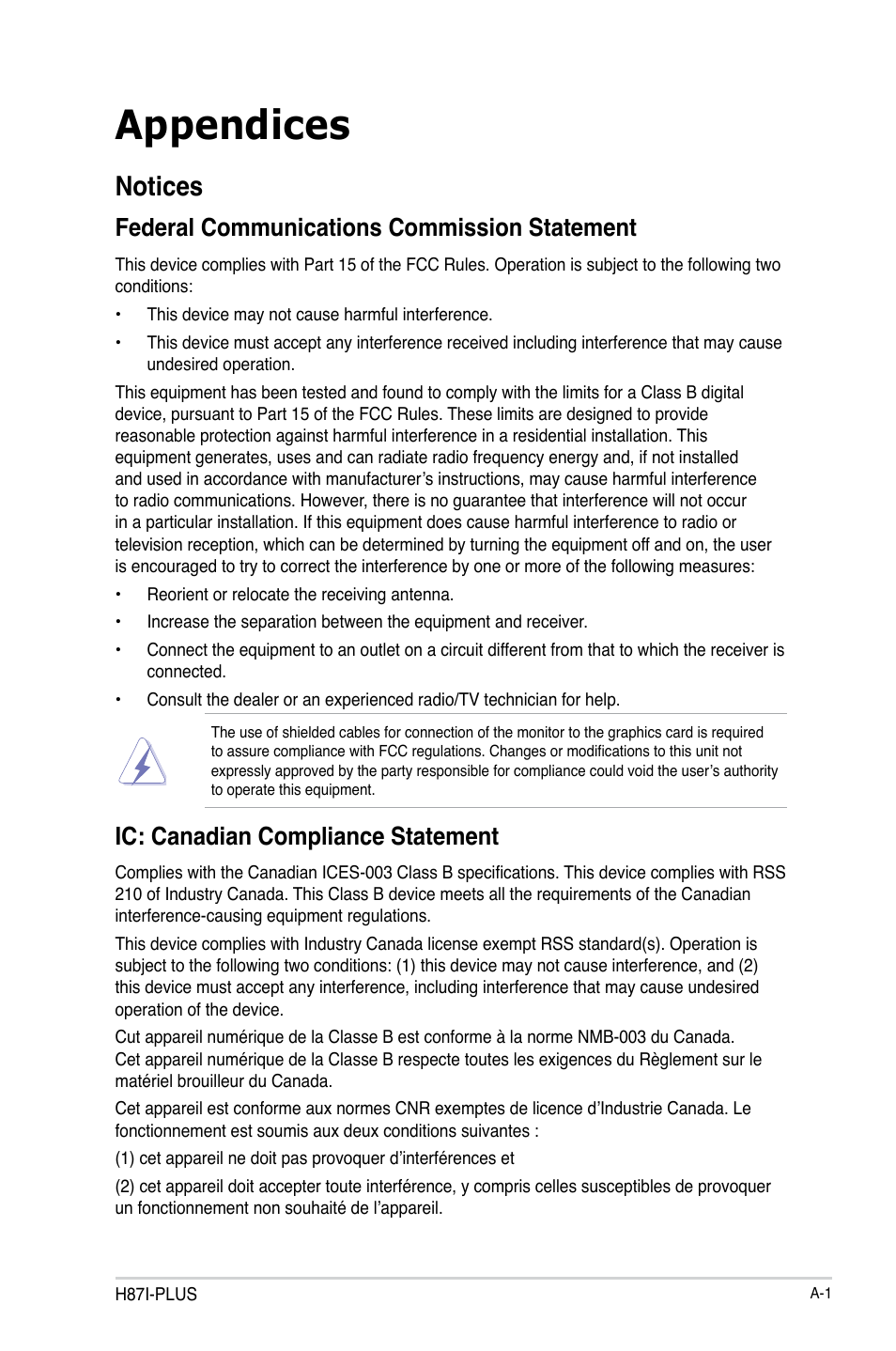 Appendices, Notices, Federal communications commission statement | Ic: canadian compliance statement | Asus H87I-PLUS User Manual | Page 71 / 74