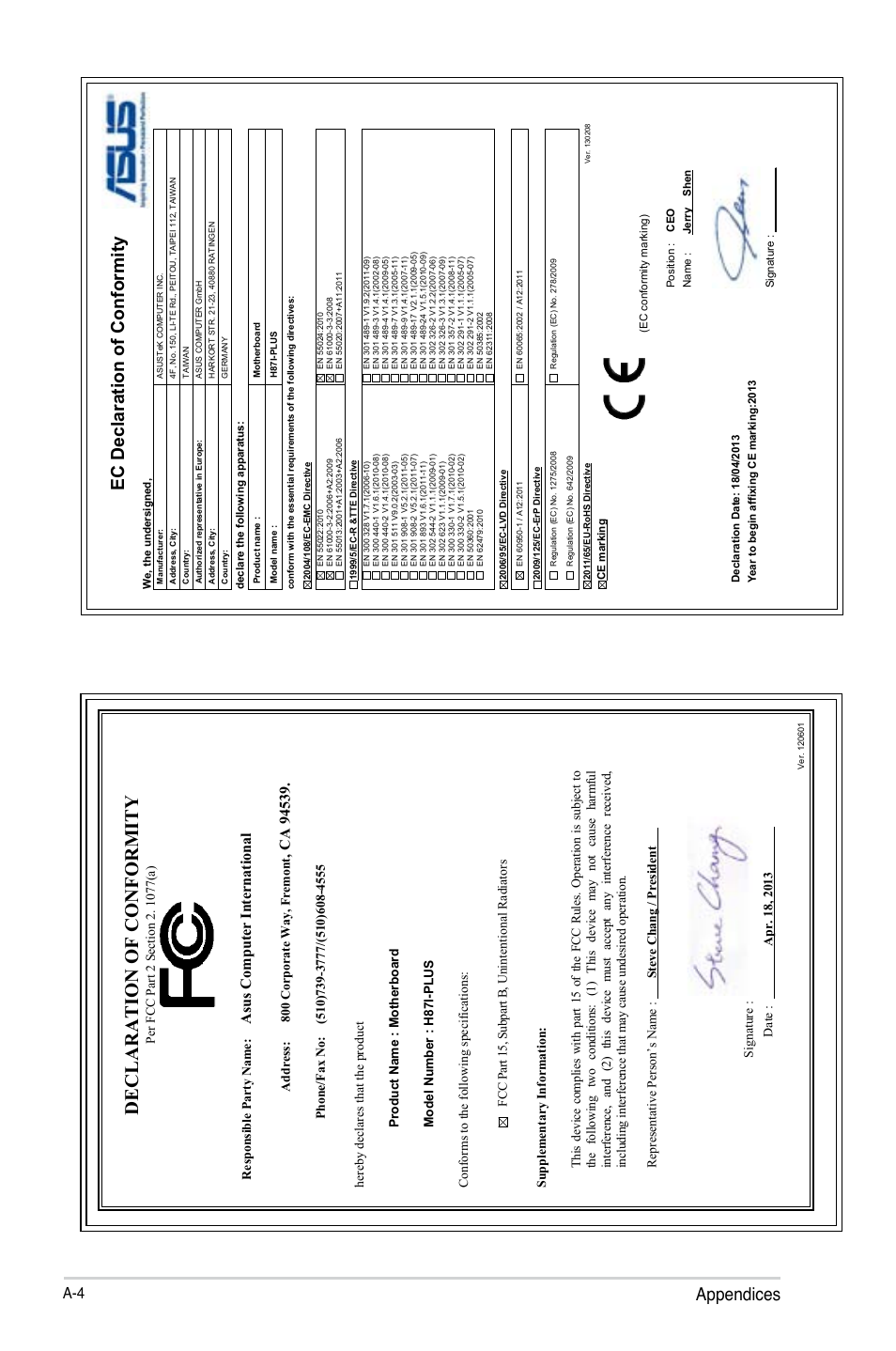 Declaration of conformity, Appendices, Ec declaration of conformity | Asu s c om pu te r in te rn at io na l, Address: 800 corporate way, fremont | Asus H87I-PLUS User Manual | Page 74 / 74
