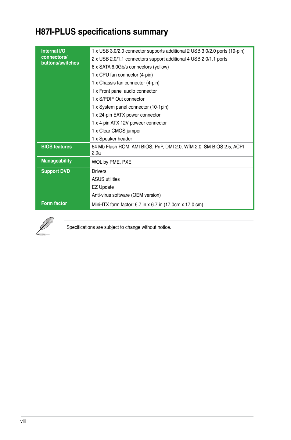 H87i-plus specifications summary | Asus H87I-PLUS User Manual | Page 8 / 74