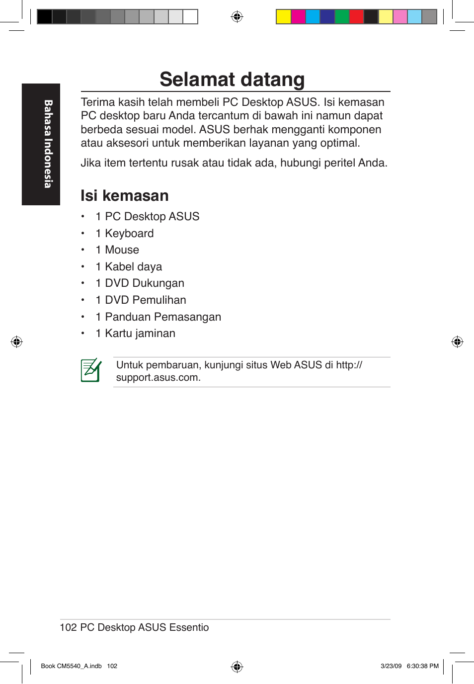 Selamat datang, Isi kemasan | Asus CM5540 User Manual | Page 102 / 110