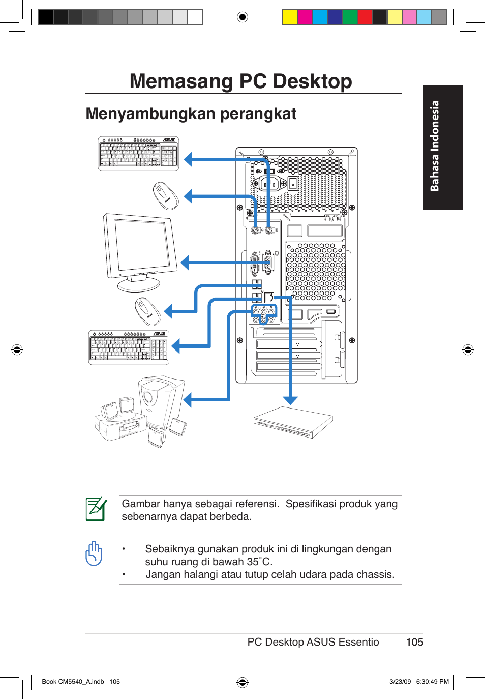 Memasang pc desktop, Menyambungkan perangkat | Asus CM5540 User Manual | Page 105 / 110