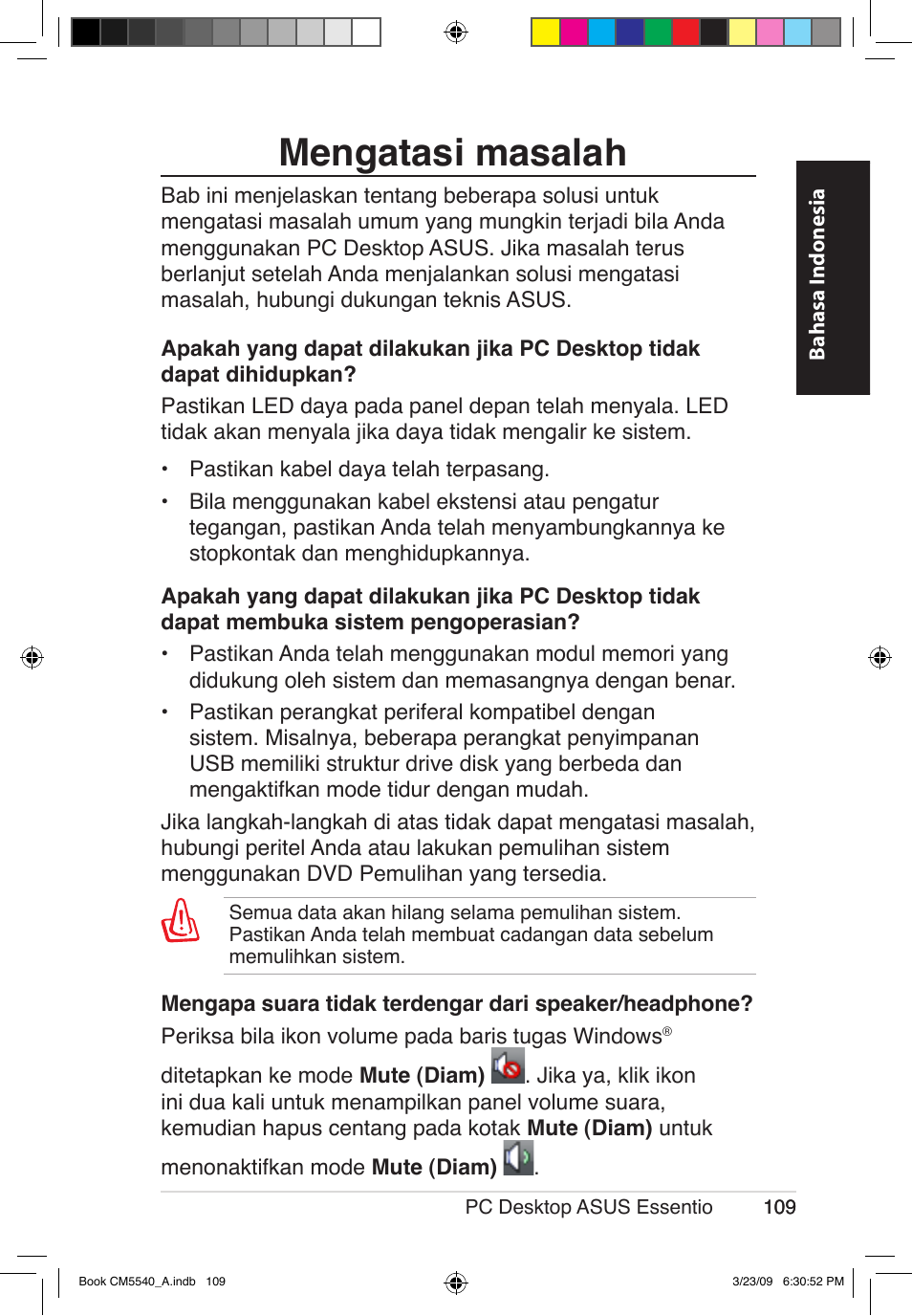 Mengatasi masalah | Asus CM5540 User Manual | Page 109 / 110