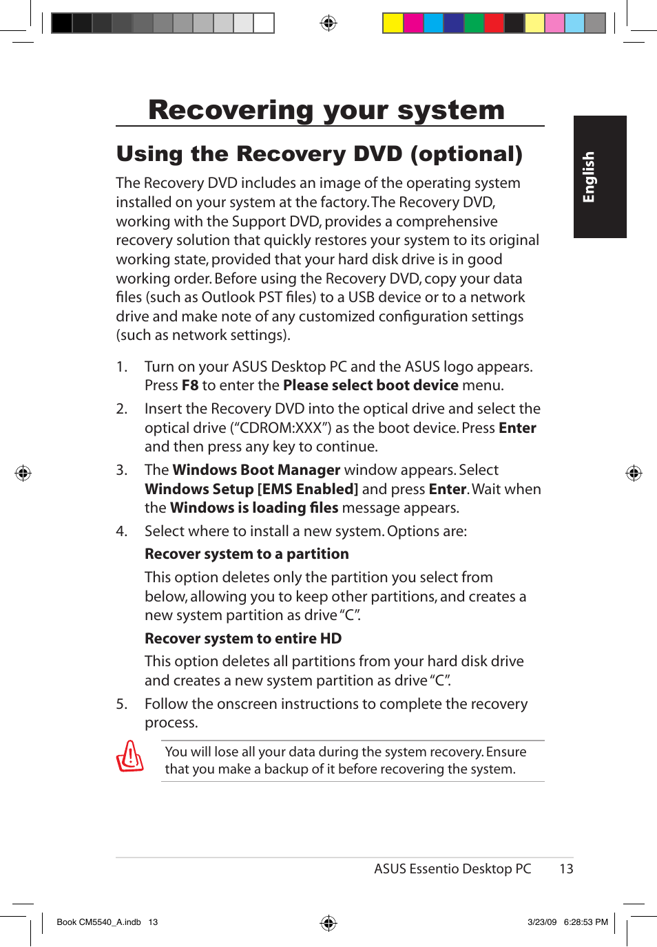 Recovering your system, Using the recovery dvd (optional) | Asus CM5540 User Manual | Page 13 / 110