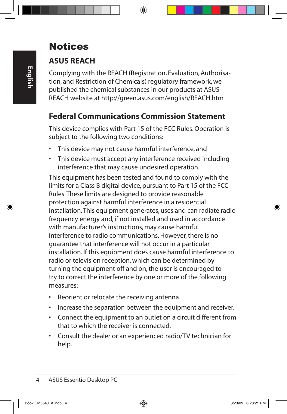 Notices, Asus reach, Federal communications commission statement | Asus CM5540 User Manual | Page 4 / 110