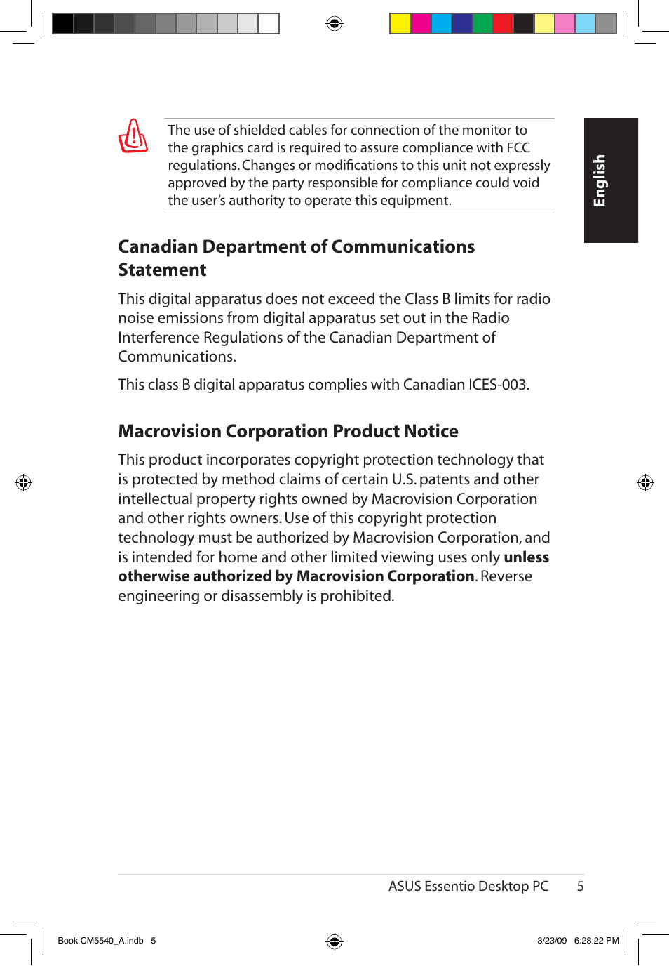 Canadian department of communications statement, Macrovision corporation product notice | Asus CM5540 User Manual | Page 5 / 110