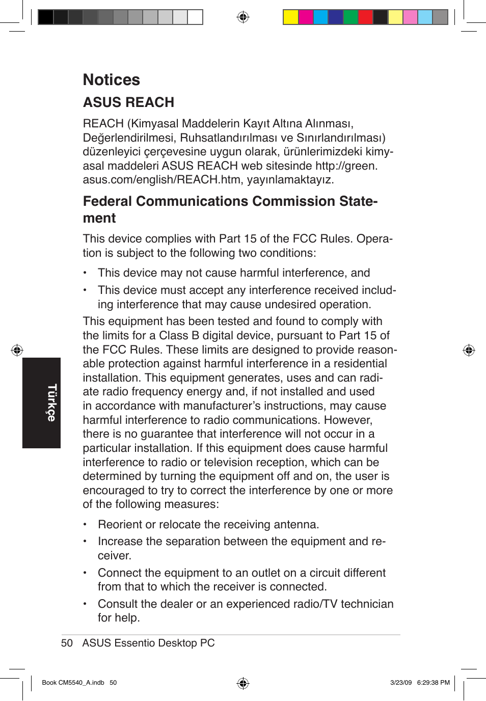 Notices, Federal communications commission state- ment, Asus reach | Asus CM5540 User Manual | Page 50 / 110