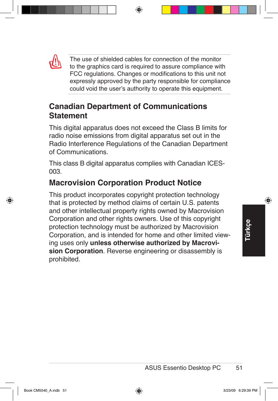 Canadian department of communications statement, Macrovision corporation product notice | Asus CM5540 User Manual | Page 51 / 110