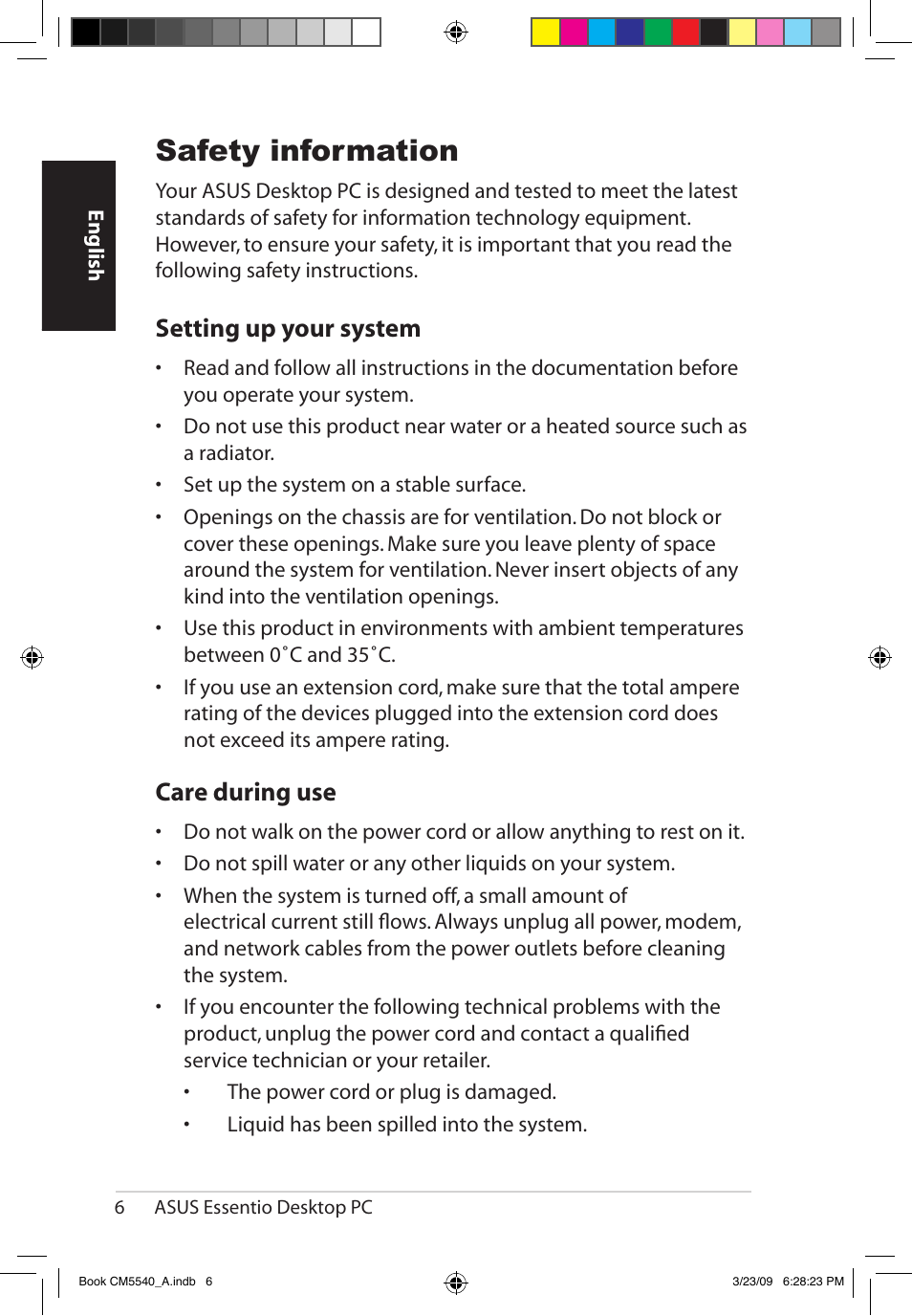 Safety information, Setting up your system, Care during use | Asus CM5540 User Manual | Page 6 / 110