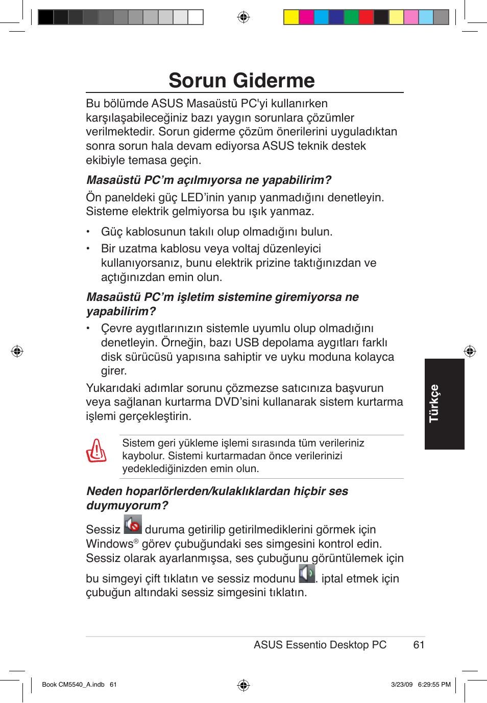 Sorun giderme | Asus CM5540 User Manual | Page 61 / 110