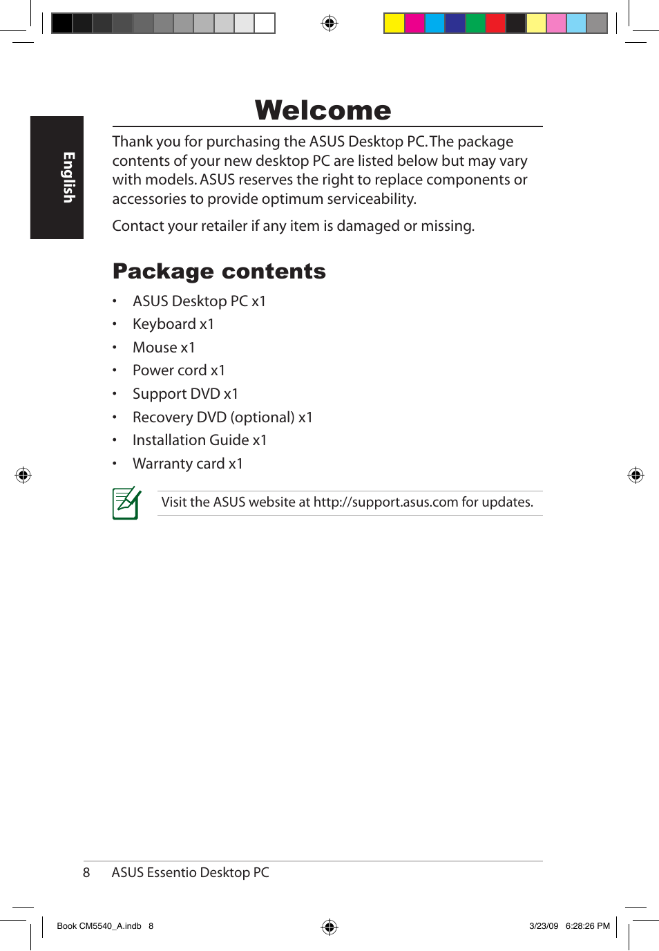 Welcome, Package contents | Asus CM5540 User Manual | Page 8 / 110